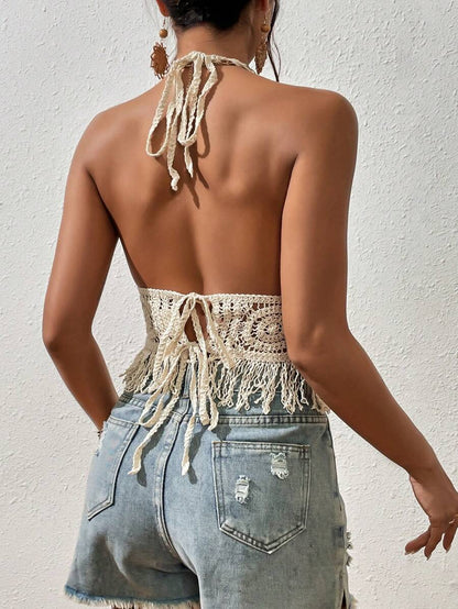 Women Solid Color Vacation Summer Short Tie Top Crochet hook