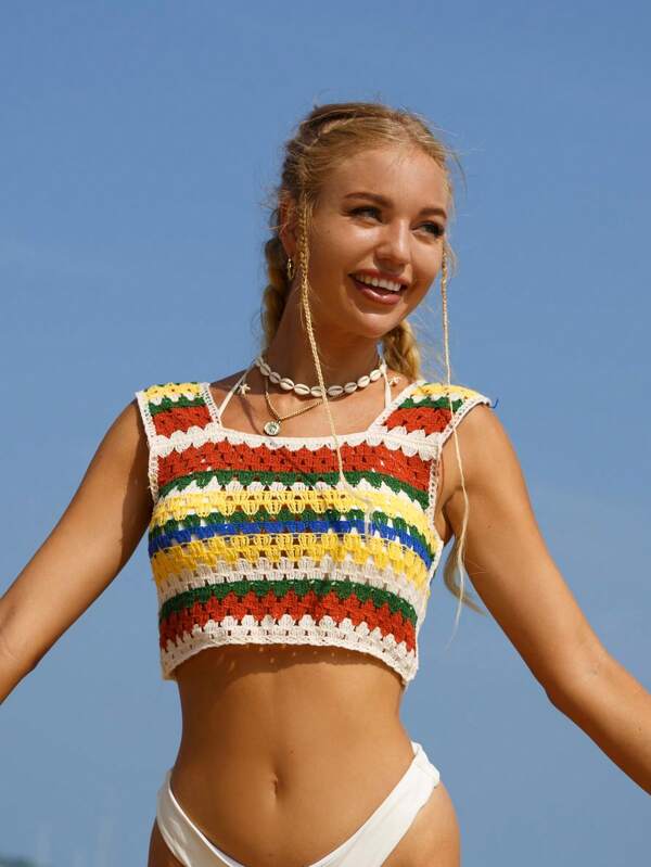 Women Vacation Summer Color Block Crop Top Crochet hook