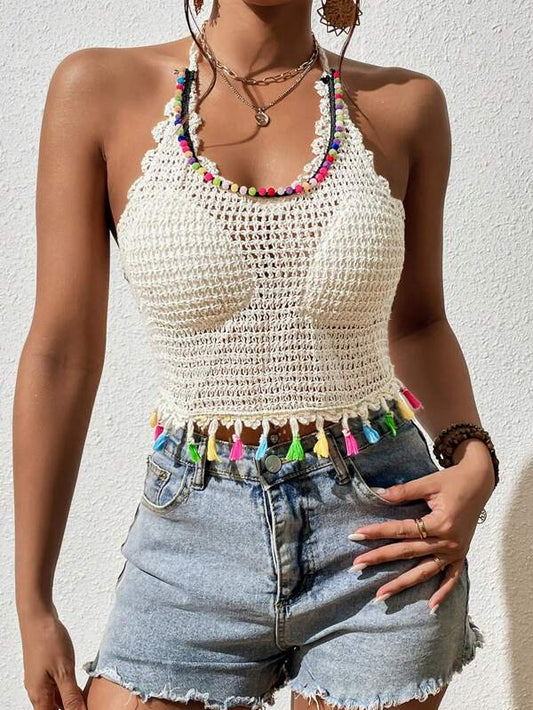Colorful Tassel Crocheted Openwork Sling Back Strap Top Crochet hook