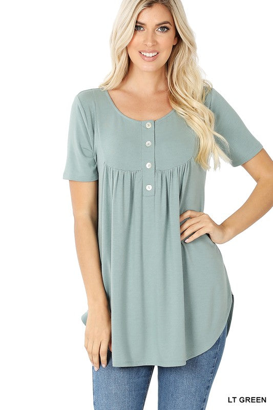 Short Sleeve Dolphin Hem Shell Button Top