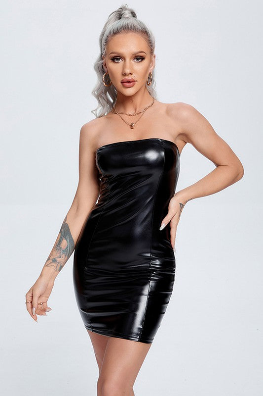 PU Leather Strapless Bodycon Dress
