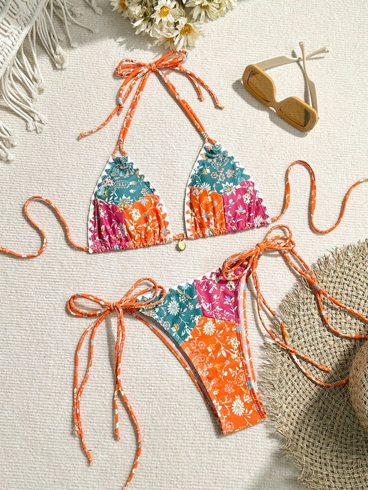 Bikinx Women Printed Color Block Triangle Cup Swimsuit Set