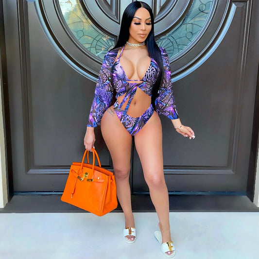 Sexy Bikini Mesh Leopard Print Three Point Sling Set