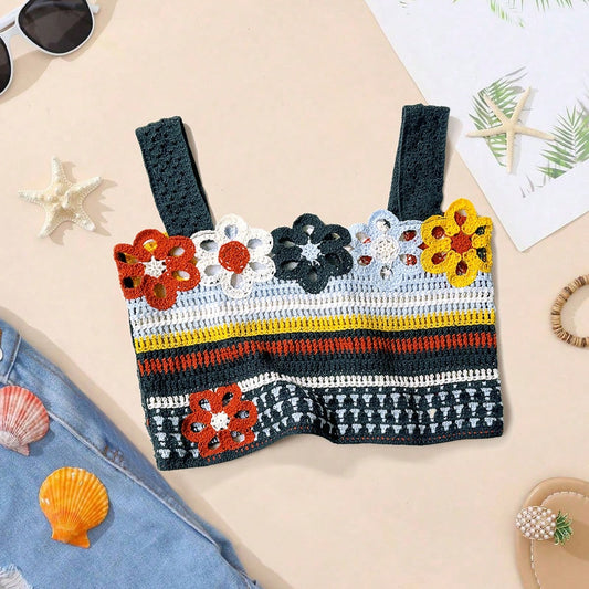 Bikinx Hollow Out Crochet Colorblock Vacation Style Camisole Tank Top