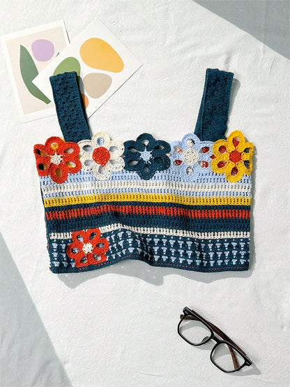 Bikinx Hollow Out Crochet Colorblock Vacation Style Camisole Tank Top