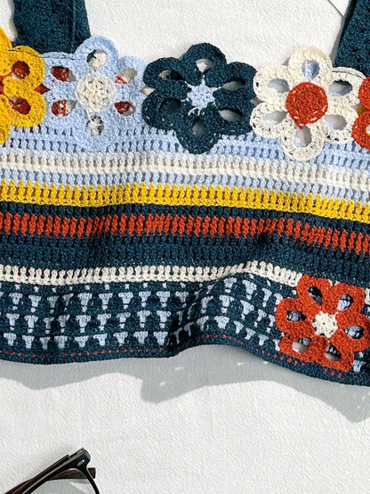 Bikinx Hollow Out Crochet Colorblock Vacation Style Camisole Tank Top