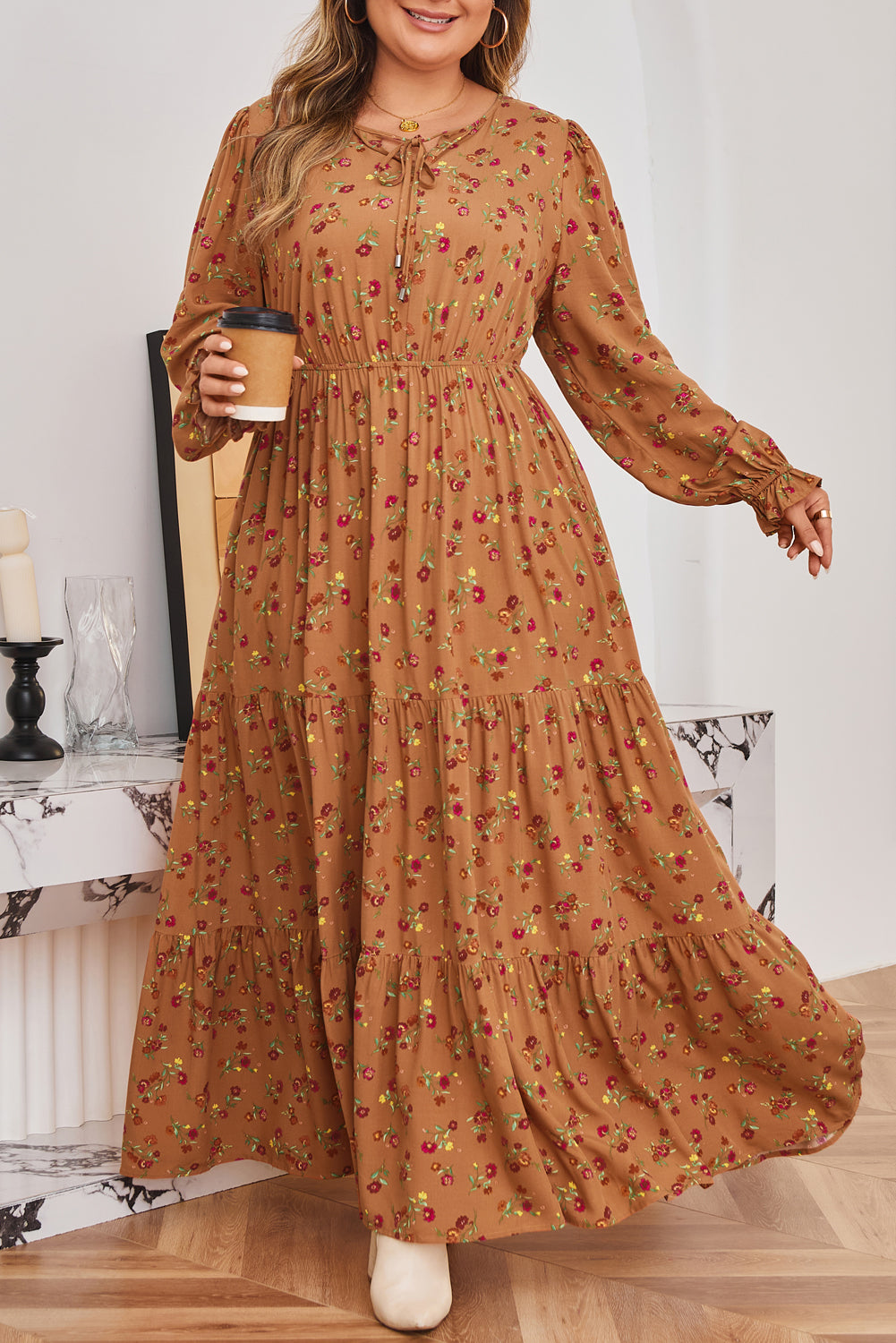 Brown Floral Tiered Maxi Dress with Split V-Neck