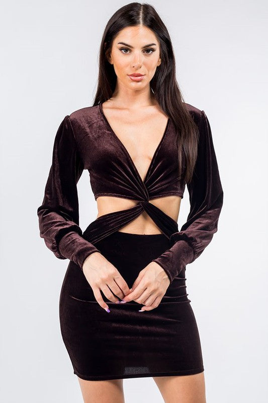 VELVET MINI DRESS WITH TWIST KNOT AND CUT OUT