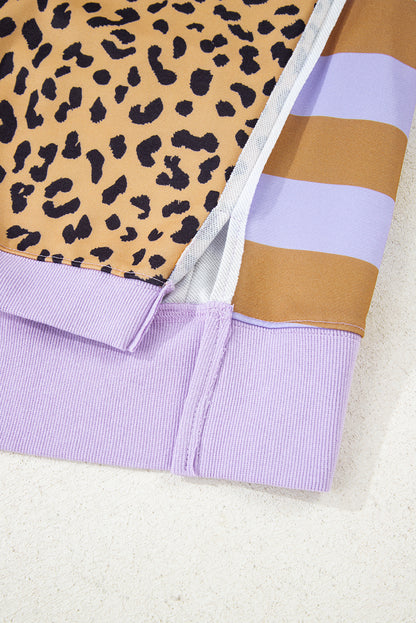 Purple Leopard Striped Patchwork Plus Size Loose Sweatshirt
