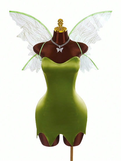 Amplova Y2K Fairycore Green Satin Party Dress – Strapless Backless Lace-Up Dress for Women | Criss-Cross Fairy Dress for Halloween, Cosplay & Events