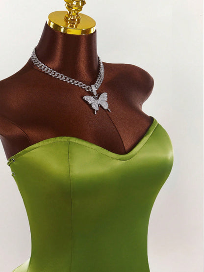 Amplova Y2K Fairycore Green Satin Party Dress – Strapless Backless Lace-Up Dress for Women | Criss-Cross Fairy Dress for Halloween, Cosplay & Events