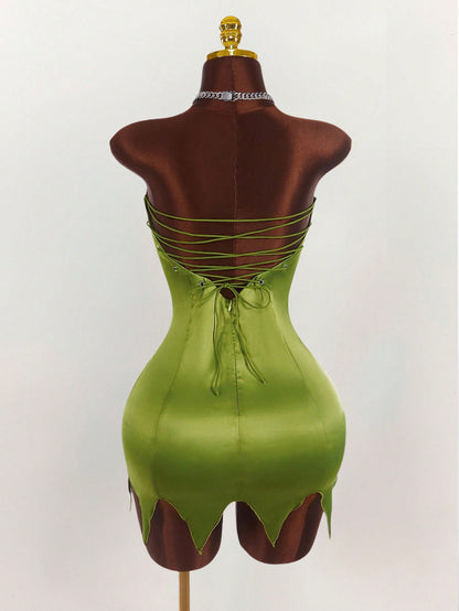 Amplova Y2K Fairycore Green Satin Party Dress – Strapless Backless Lace-Up Dress for Women | Criss-Cross Fairy Dress for Halloween, Cosplay & Events