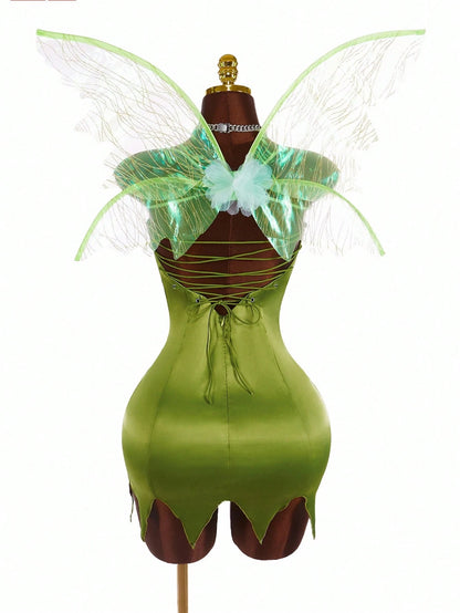 Amplova Y2K Fairycore Green Satin Party Dress – Strapless Backless Lace-Up Dress for Women | Criss-Cross Fairy Dress for Halloween, Cosplay & Events