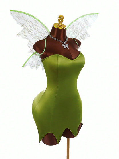 Amplova Y2K Fairycore Green Satin Party Dress – Strapless Backless Lace-Up Dress for Women | Criss-Cross Fairy Dress for Halloween, Cosplay & Events
