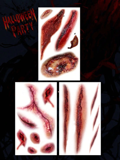3 Horrible, Realistic, Fake Bloody Palm Wound Suture Scars Waterproof Temporary Tattoo Stickers