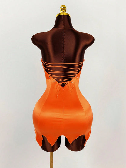 Amplova Y2K Fairycore Green Satin Party Dress – Strapless Backless Lace-Up Dress for Women | Criss-Cross Fairy Dress for Halloween, Cosplay & Events