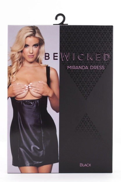 A short, glossy black satin dress with a form-fitting silhouette and a plunging neckline accentuated by a cutout or string detail at the bust.