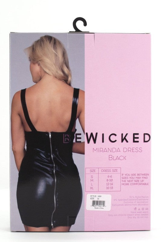 A short, glossy black satin dress with a form-fitting silhouette and a plunging neckline accentuated by a cutout or string detail at the bust.