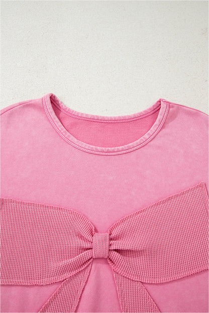 Bonbon Waffle Bowknot Patchwork Graphic Mineral Wash Plus Size Sweatshirt