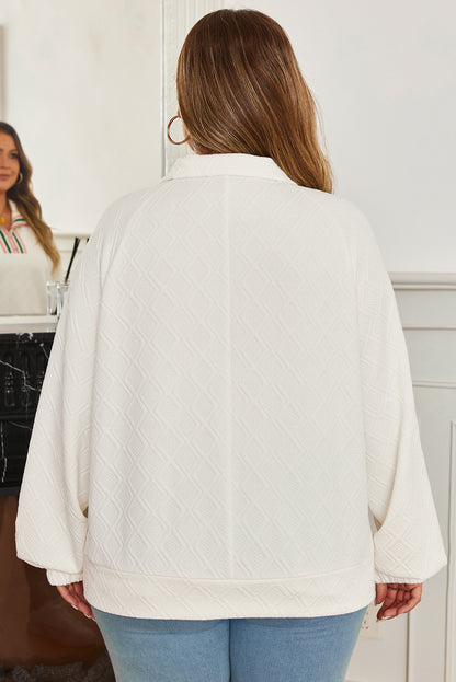 Beige Plus Size Rhombus Texture Contrast Striped Collar Baggy Sweatshirt