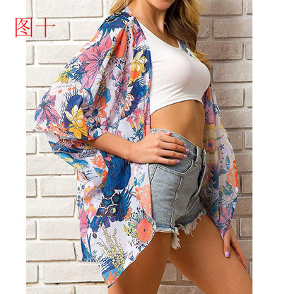 Summer Women Printed Shawl Blouse Seaside Beach Cloak Sun Protection Shirt