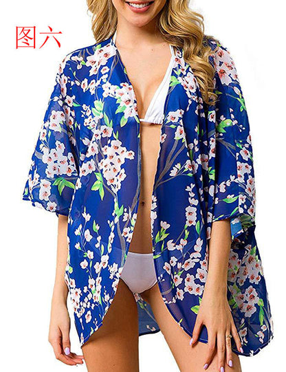 Summer Women Printed Shawl Blouse Seaside Beach Cloak Sun Protection Shirt