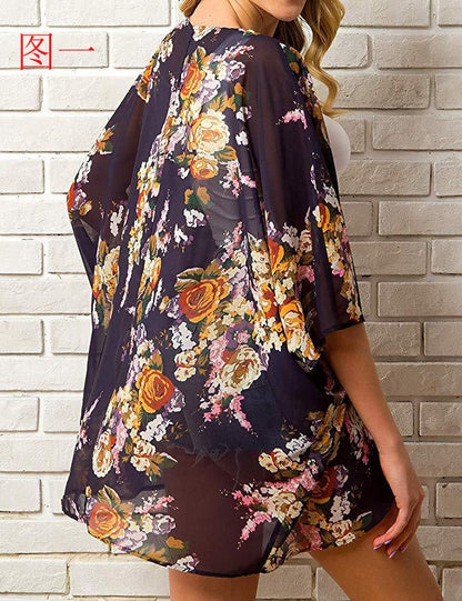 Summer Women Printed Shawl Blouse Seaside Beach Cloak Sun Protection Shirt