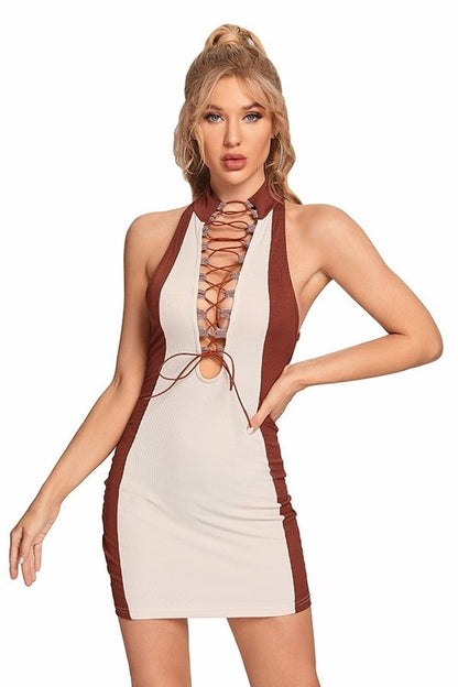 Lace up Ruched Bodycon Dress
