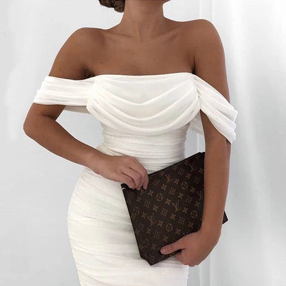 Women Clothes Sexy Bandeau Backless Dress Pleated Mesh off Neck Dress