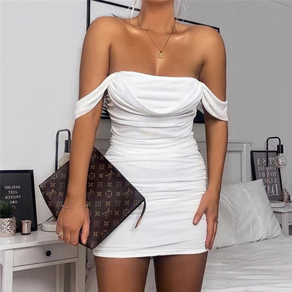 Women Clothes Sexy Bandeau Backless Dress Pleated Mesh off Neck Dress
