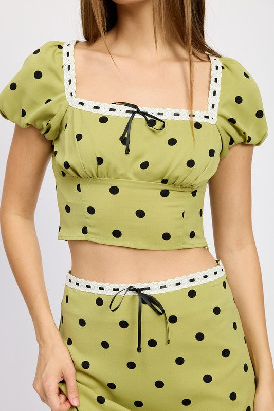 Polka Dot Top With Lace Trim