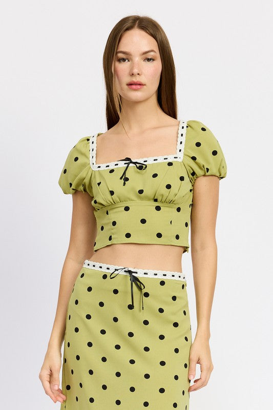 Polka Dot Top With Lace Trim