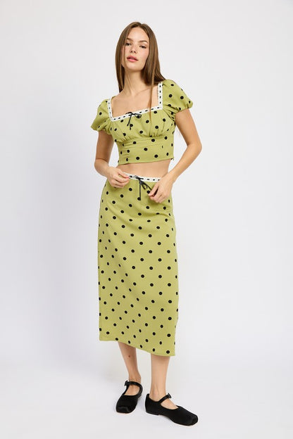 Polka Dot Midi Skirt With Lace Trim Set