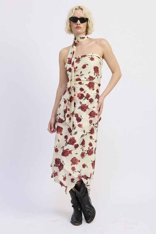 Burgundy rose floral midi skirt, side view showing flowy drape