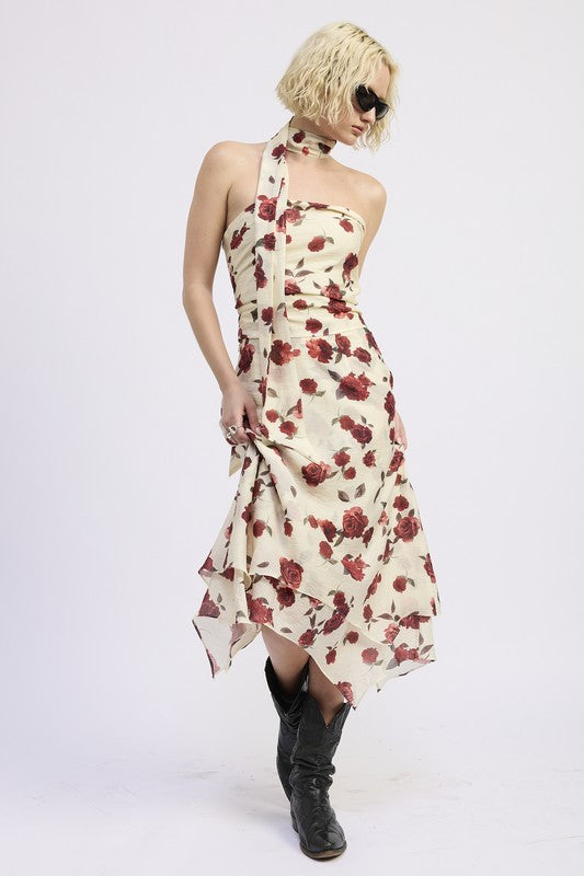 Model wearing burgundy rose floral billowy midi skirt, front view