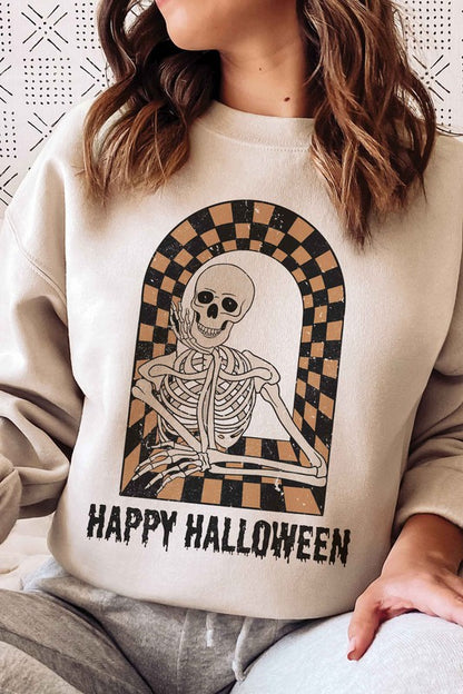 Checker Skeleton Happy Halloween Graphic Crewneck