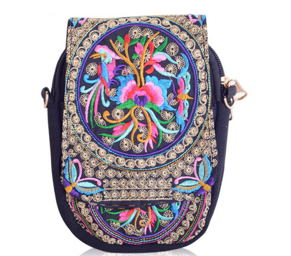 Yunnan National Embroidery Bag Embroidered Canvas Mobile Phone Bag Three-layer Coin Purse Women's Small Crossbody Bag