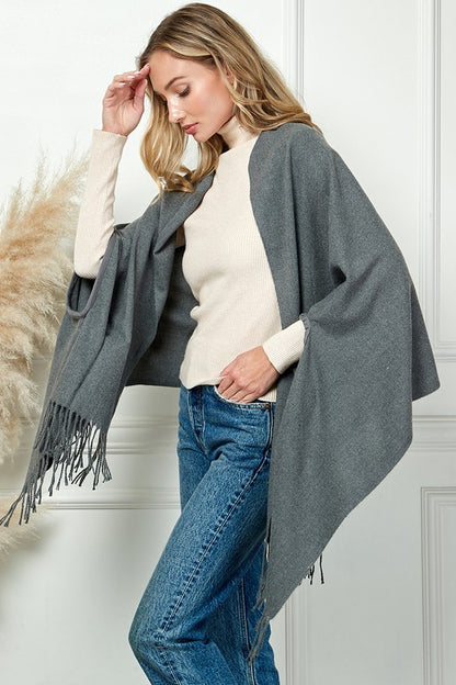 SOLID COLOR THICK SOFT SCARVES PANCHO WITH TASSEL