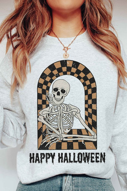 Checker Skeleton Happy Halloween Graphic Crewneck