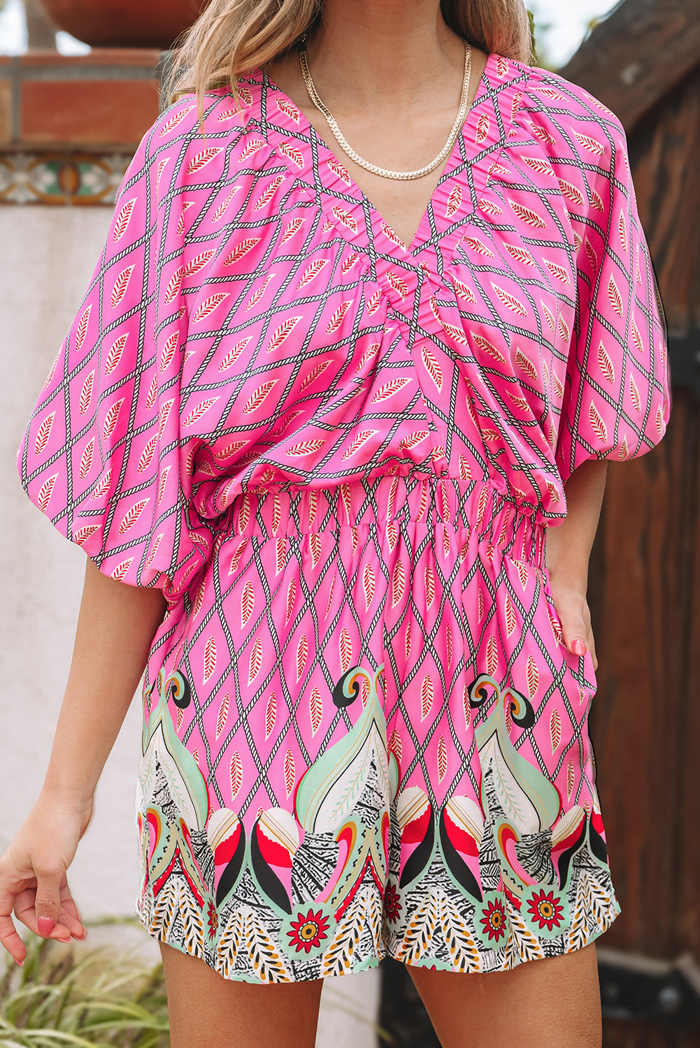 Pink Paisley Geometric Print V Neck High Waist Romper