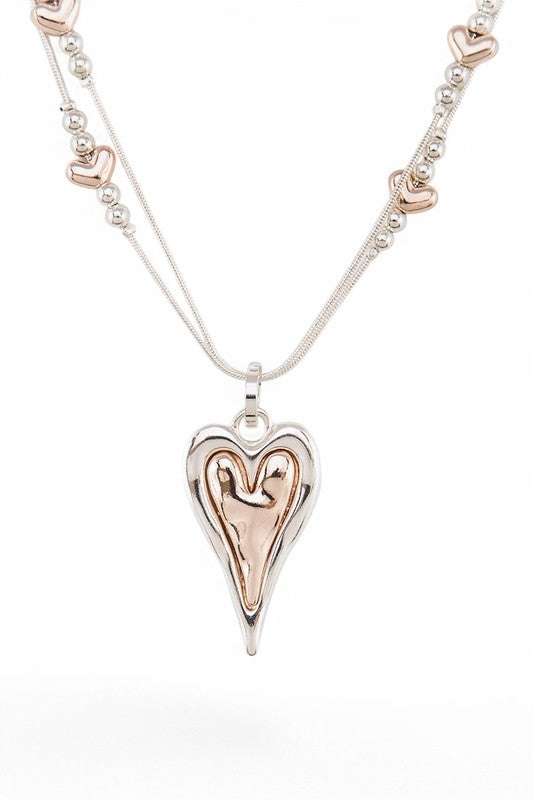 2 Tone Heart Pendant Necklace Set