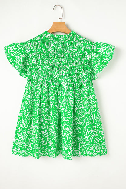 Green Floral Flutter Sleeve Shirred Notched Neck Plus Size Blouse