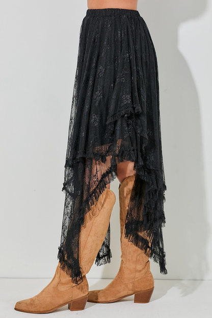 Black Lace Cascading Tiered High Waist Maxi Skirt