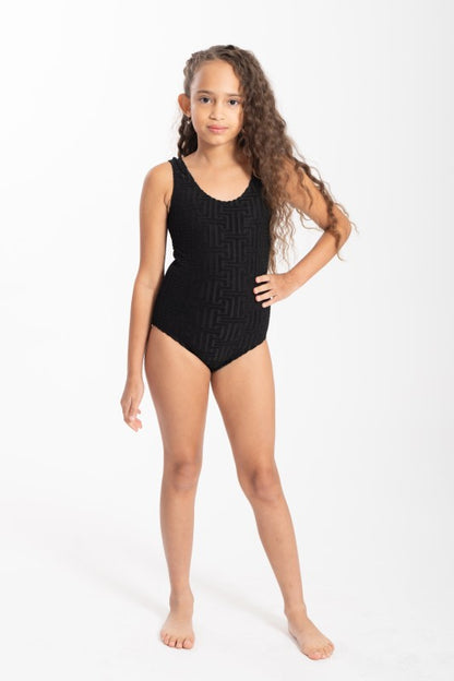 Girls patterned 3-piece swimwear set with print top, matching bottoms, and cover-up — perfect for beach or poolside fun