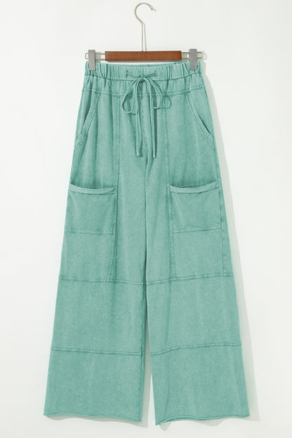 Mint Green Mineral Wash Exposed Seam Drawstring Elastic Waistband Wide Leg Cargo Pants