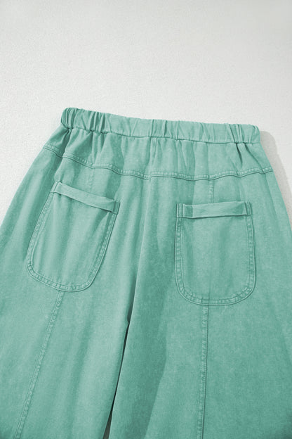 Mint Green Mineral Wash Exposed Seam Drawstring Elastic Waistband Wide Leg Cargo Pants