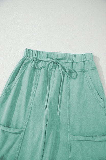 Mint Green Mineral Wash Exposed Seam Drawstring Elastic Waistband Wide Leg Cargo Pants
