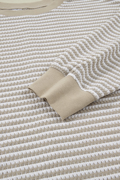 Brown Stripe Plus Size Breathable Knit Ribbed Trim Long Sleeve Top