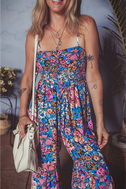 Pink Floral Smocked Bust Spaghetti Straps Wide Leg Jumpsuit