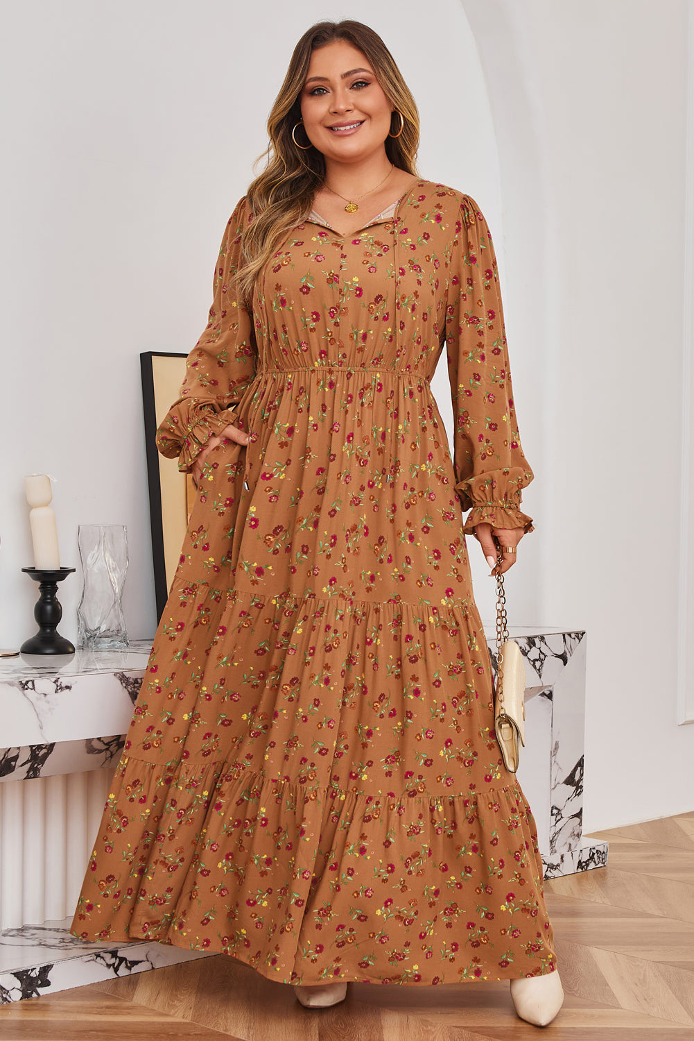 Brown Floral Tiered Maxi Dress with Split V-Neck